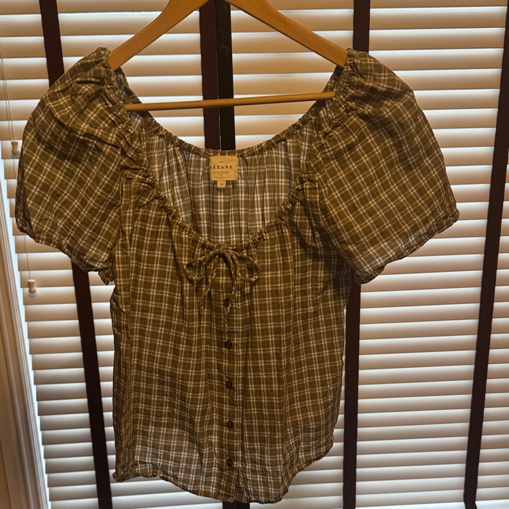 Sezane Vikaly Plaid Blouse - Olive and White - Size 40/Small